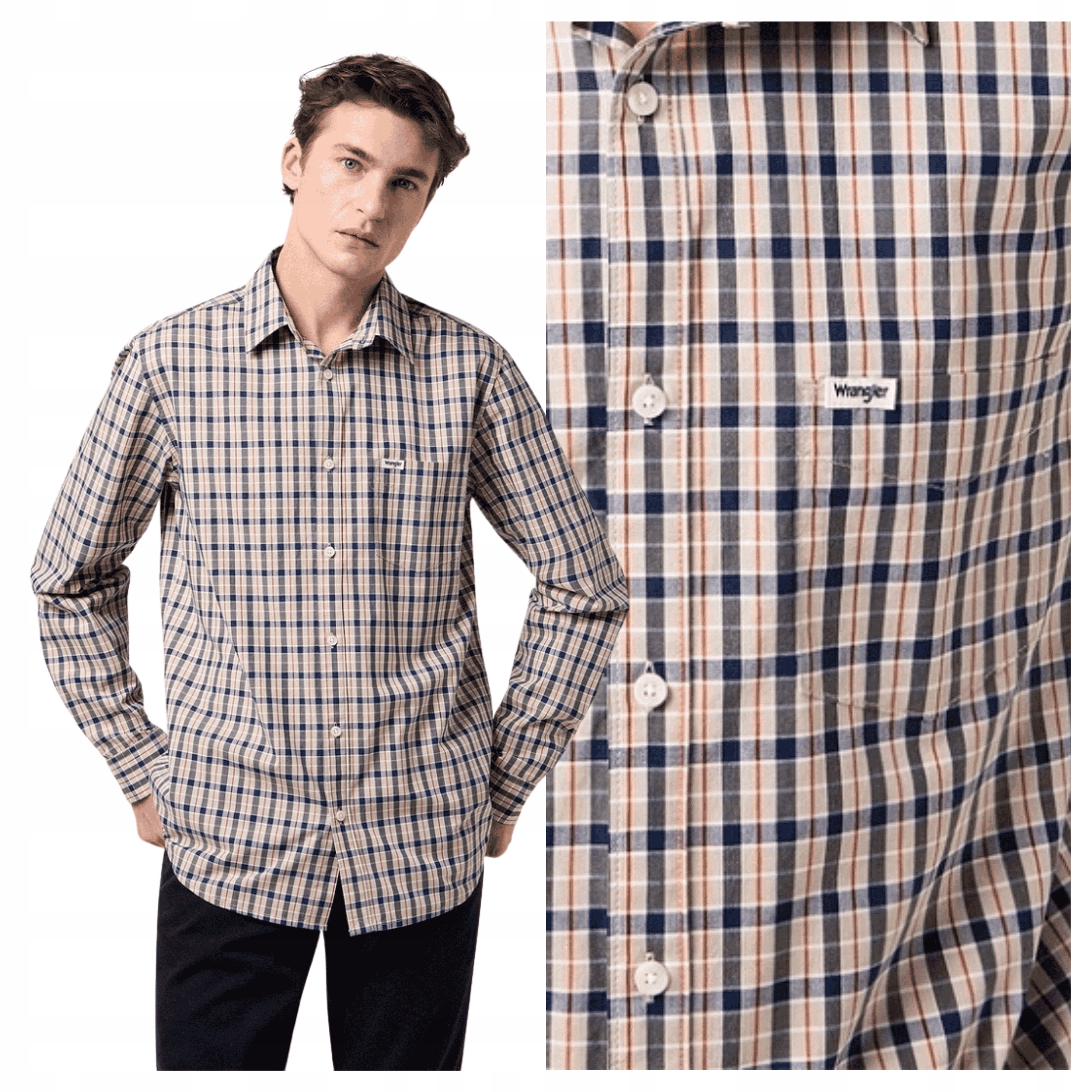 Pánská košile Wrangler 1 kt Shirt Béžová s Mřížkou Regular Fit XL