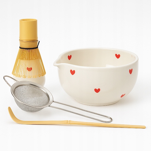 Levně Sada na Matcha v designu Srdíčka Keramika, Metlička Chasen, Štětec, Stojánek, Lžička