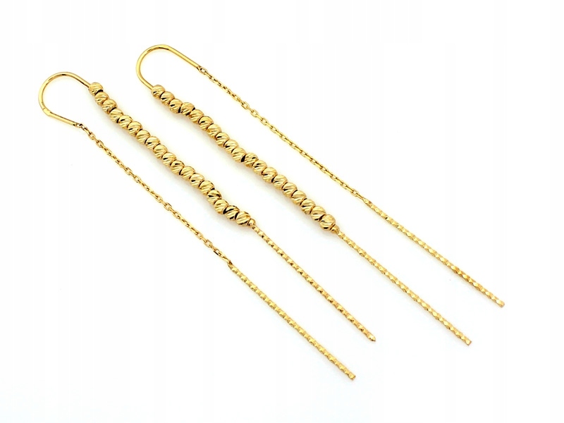 Náušnice zlaté 585 dlouhé provlékací s lesklými kuličkami, jemné