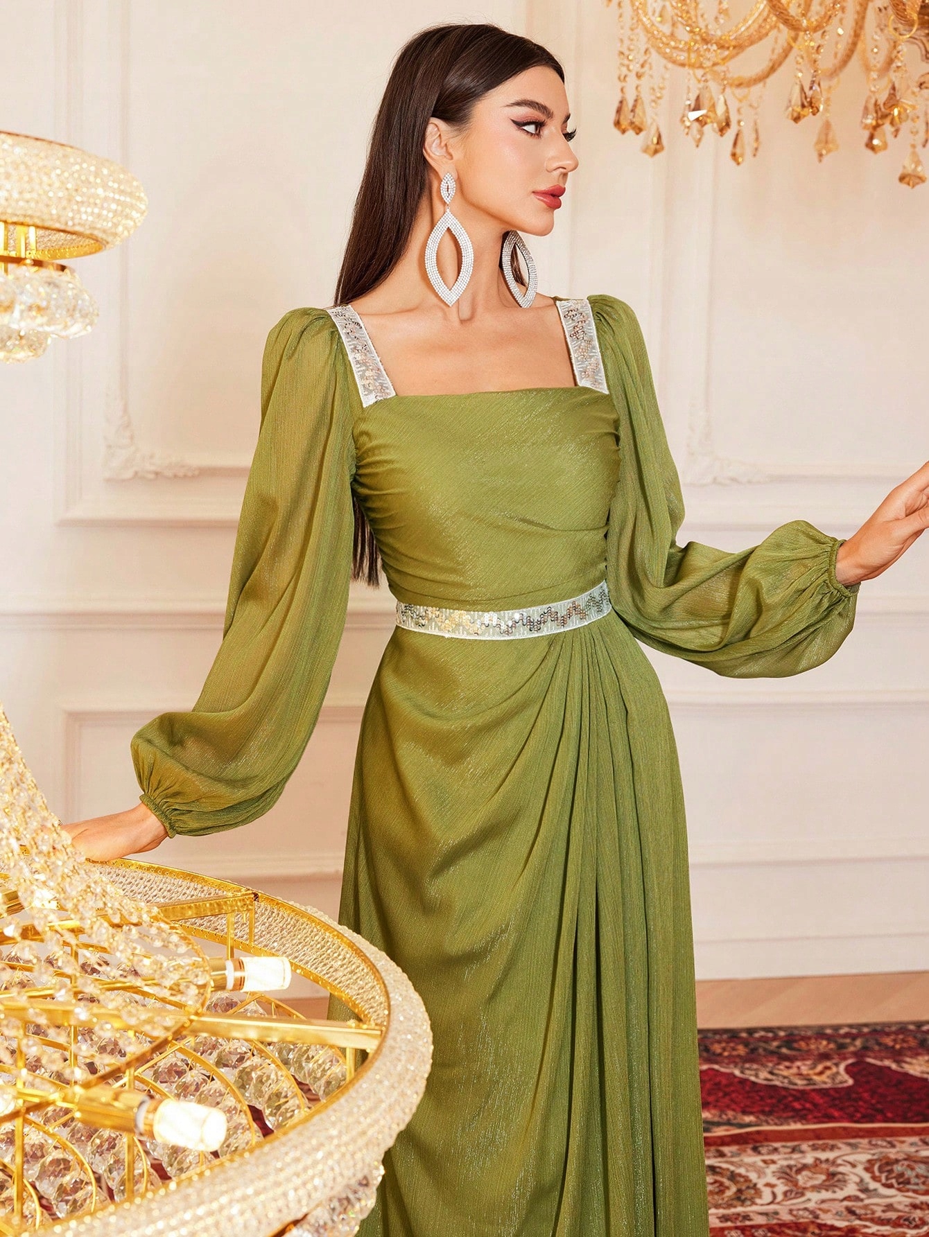 Šaty V Arabském Stylu Maxi Elegantní, Zdobené Lesklým Shein L