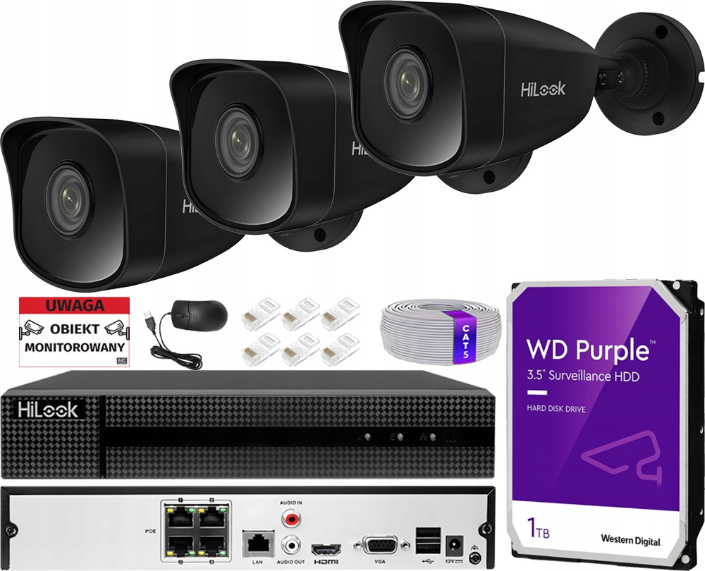 Sada na monitorovanie 3 kamier 5Mp 2K+ HiLook Ip PoE Deň/Noc