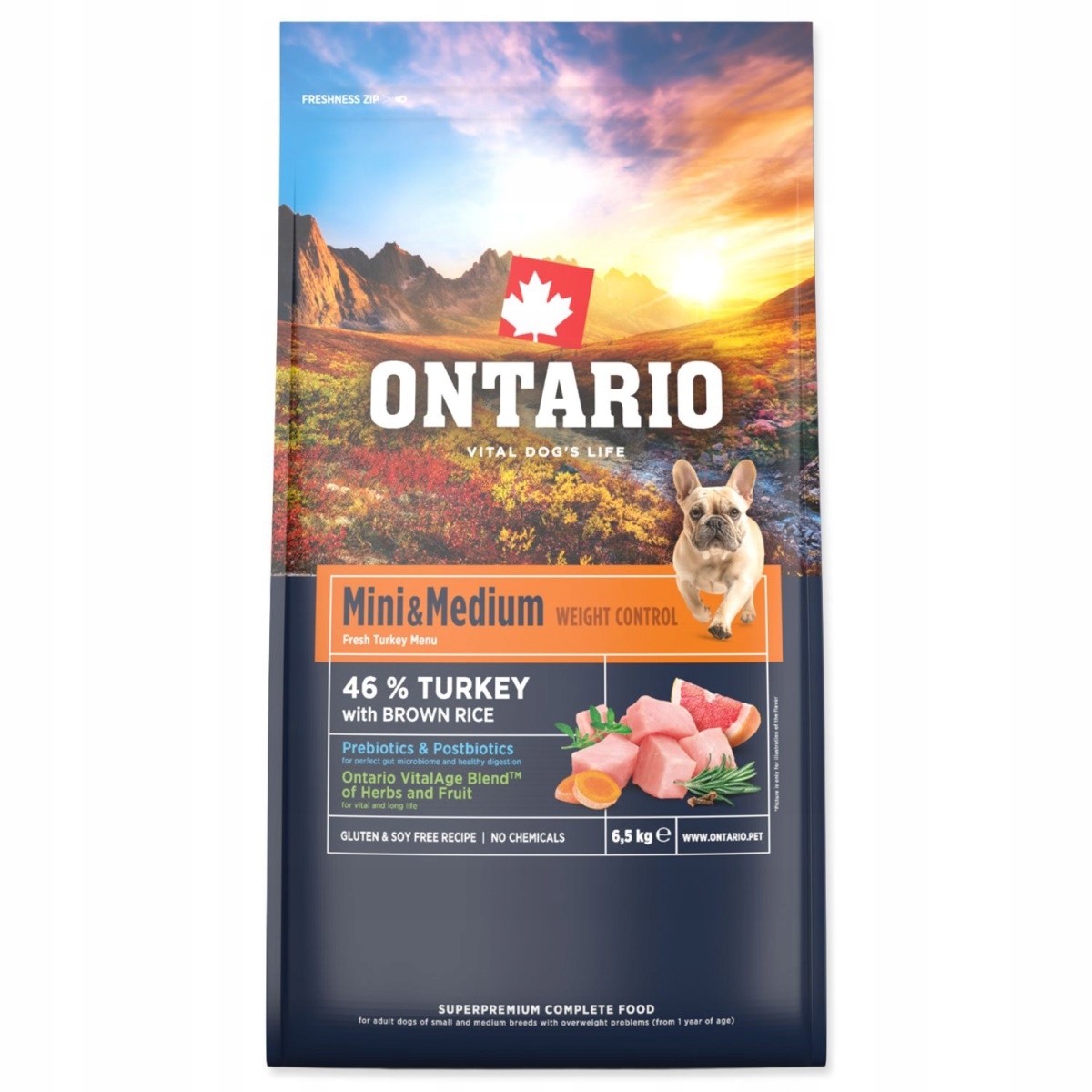 Levně Krmivo Ontario Mini & Medium Weight Control Turkey & Brown Rice 6,5kg