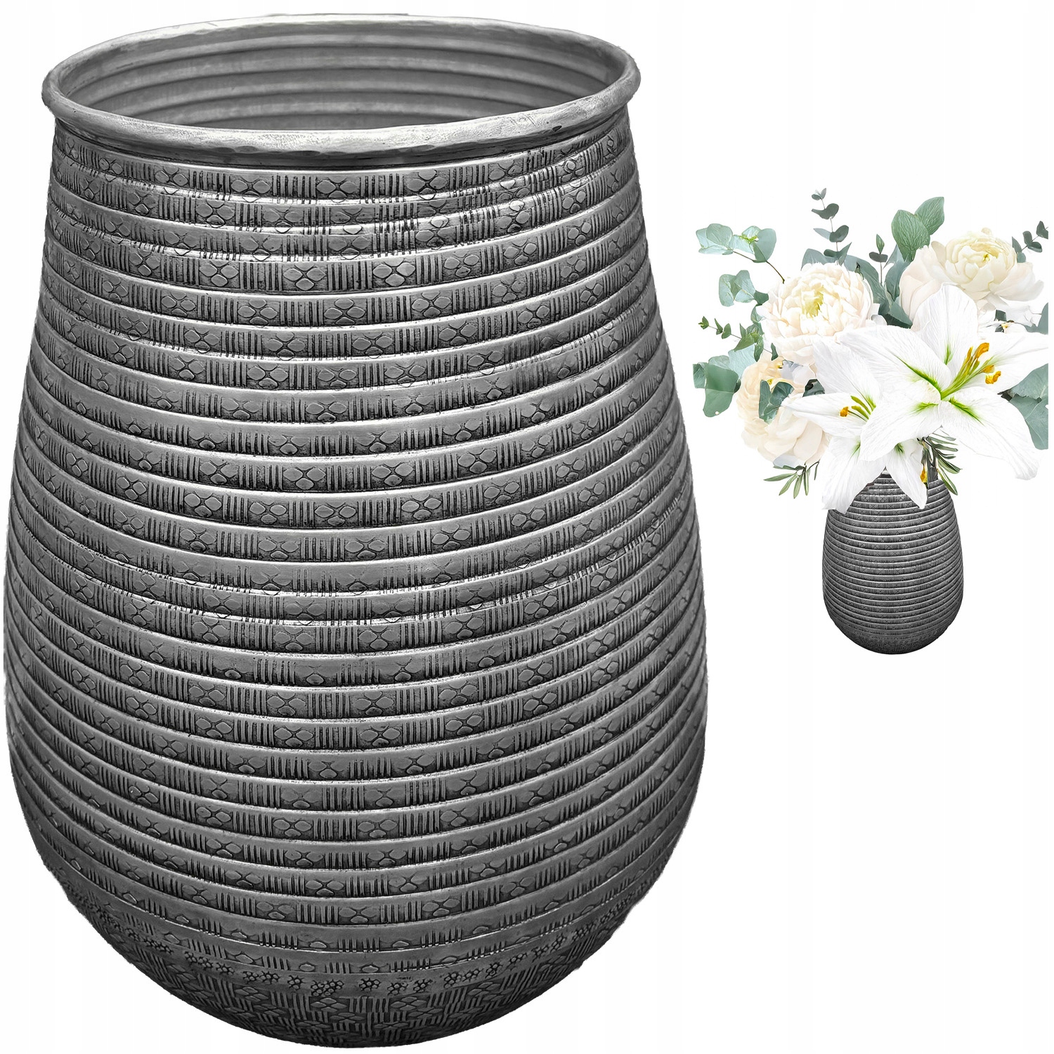 Váza Na Kytice Květiny Kovová Stříbrná 31 cm loftová do domu na parapet