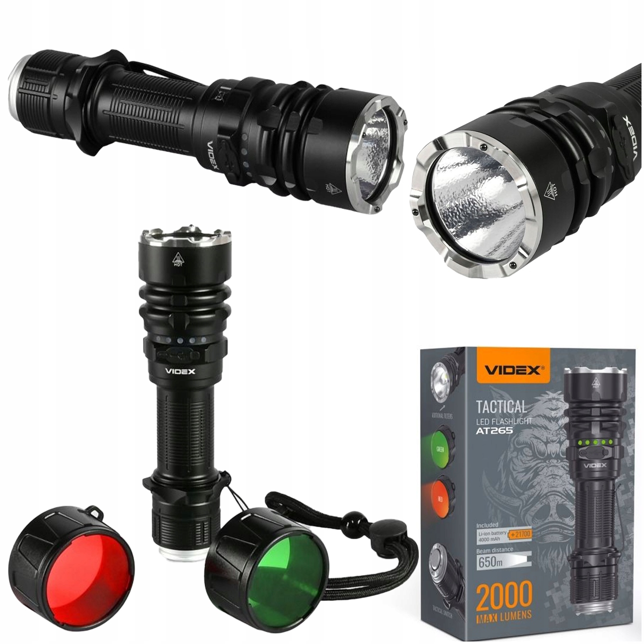 Taktická Svítilna Videx 2000 Lumenů, Barva 6500 K, Zelený Červený Filtr