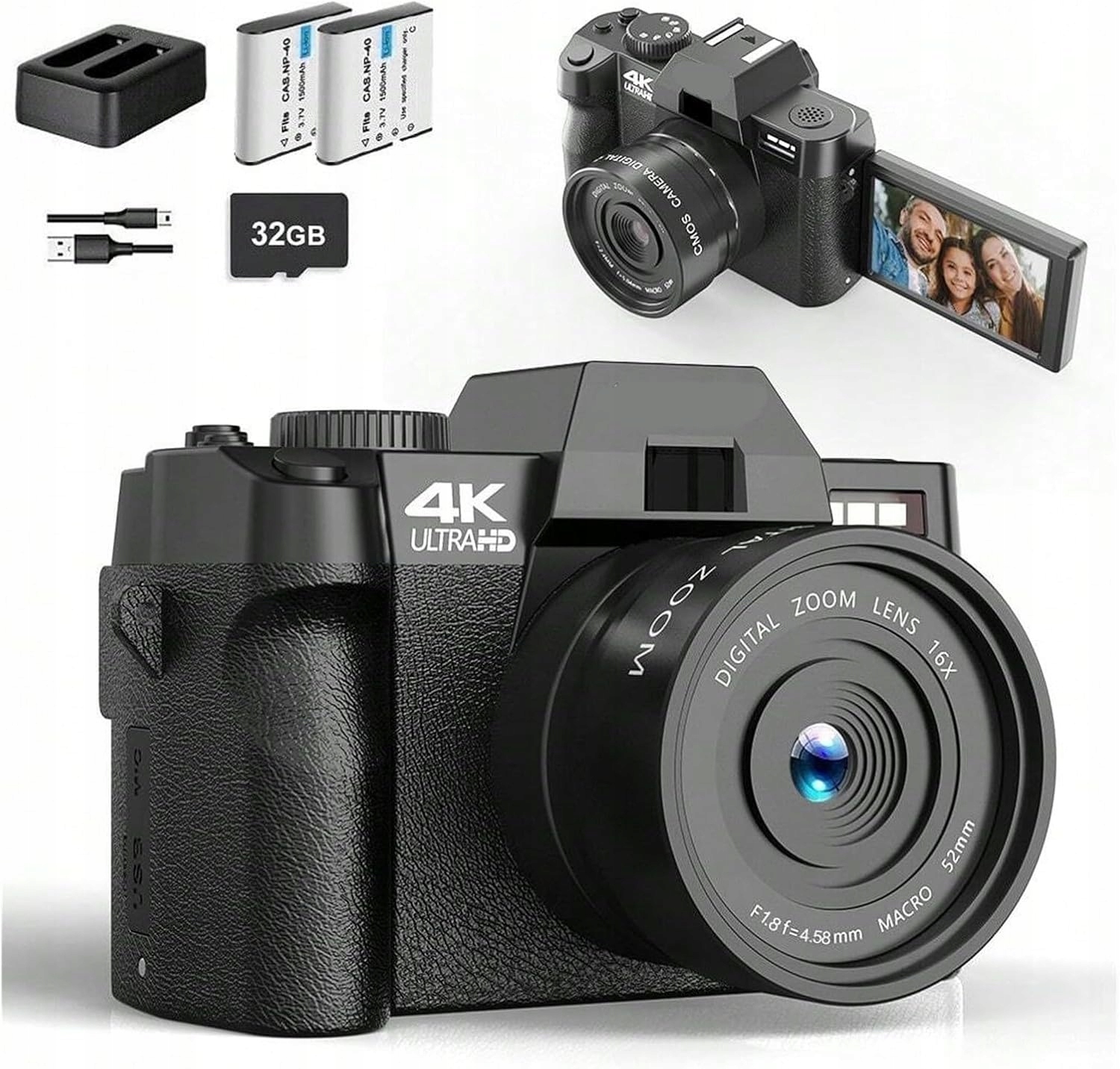 Nbd Aparat cyfrowy 4K 48 Mp z autofokusem i zoomem 16x, składany ekran 3"