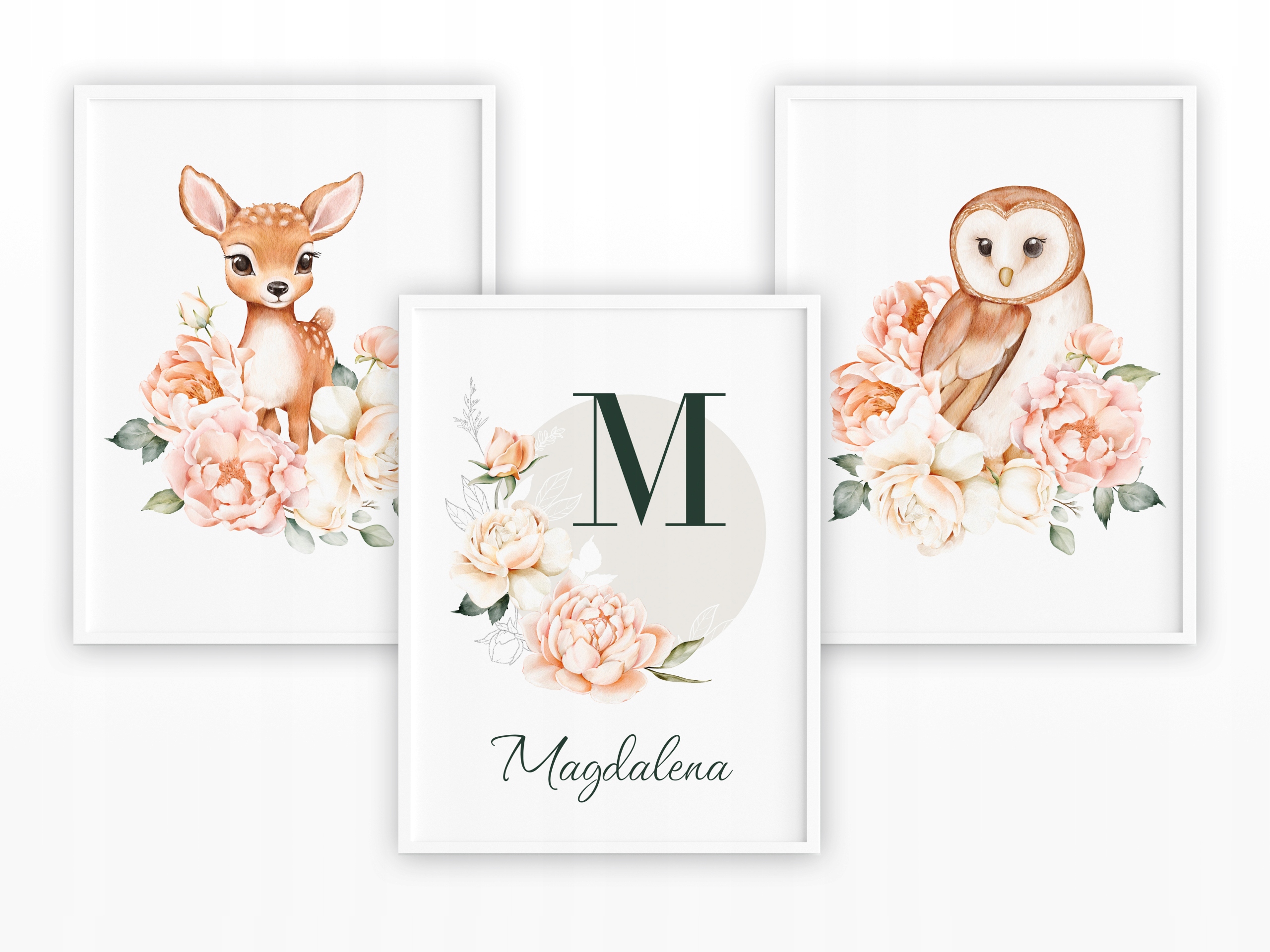 Plakaty Obrazki A4 do pokoju dziecka ZWIERZĄTKA SARENKA SOWA IMIĘ DZIECKA