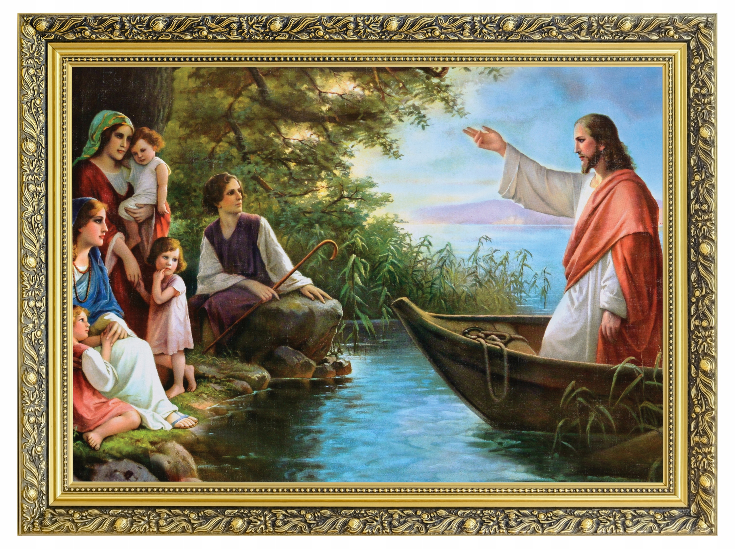 Ježiš Kristus Na Lodi Sakrálny Obraz Plátno V Zdobenom Ráme 60x80