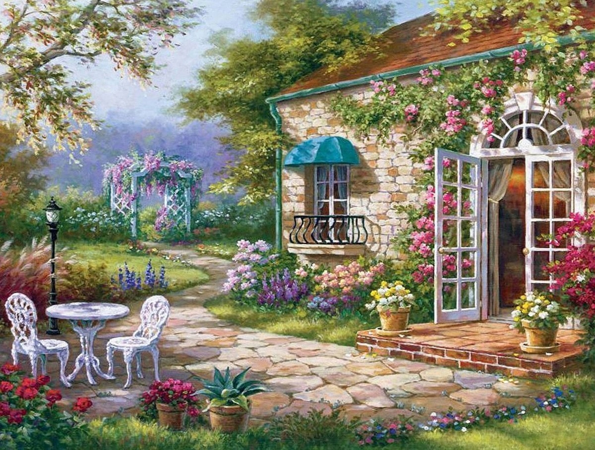 Diamantová Výšivka Diamond Painting Mozaika Květinová Veranda 55x75 Sada 5D