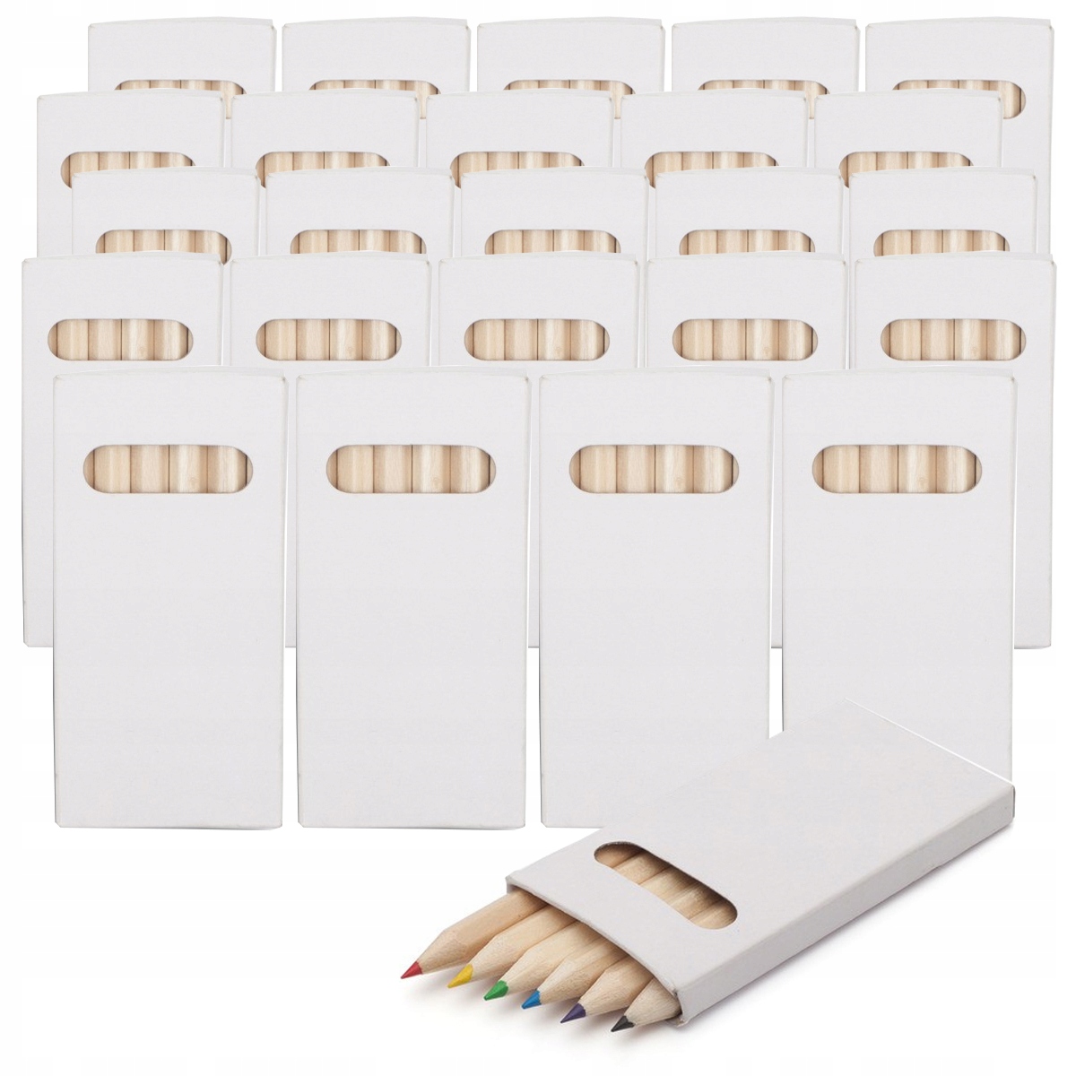 25X ZESTAW KREDEK 6-KOLOROWYCH 9CM KREDKI DREWNIANE W BIAŁYM PUDEŁKU