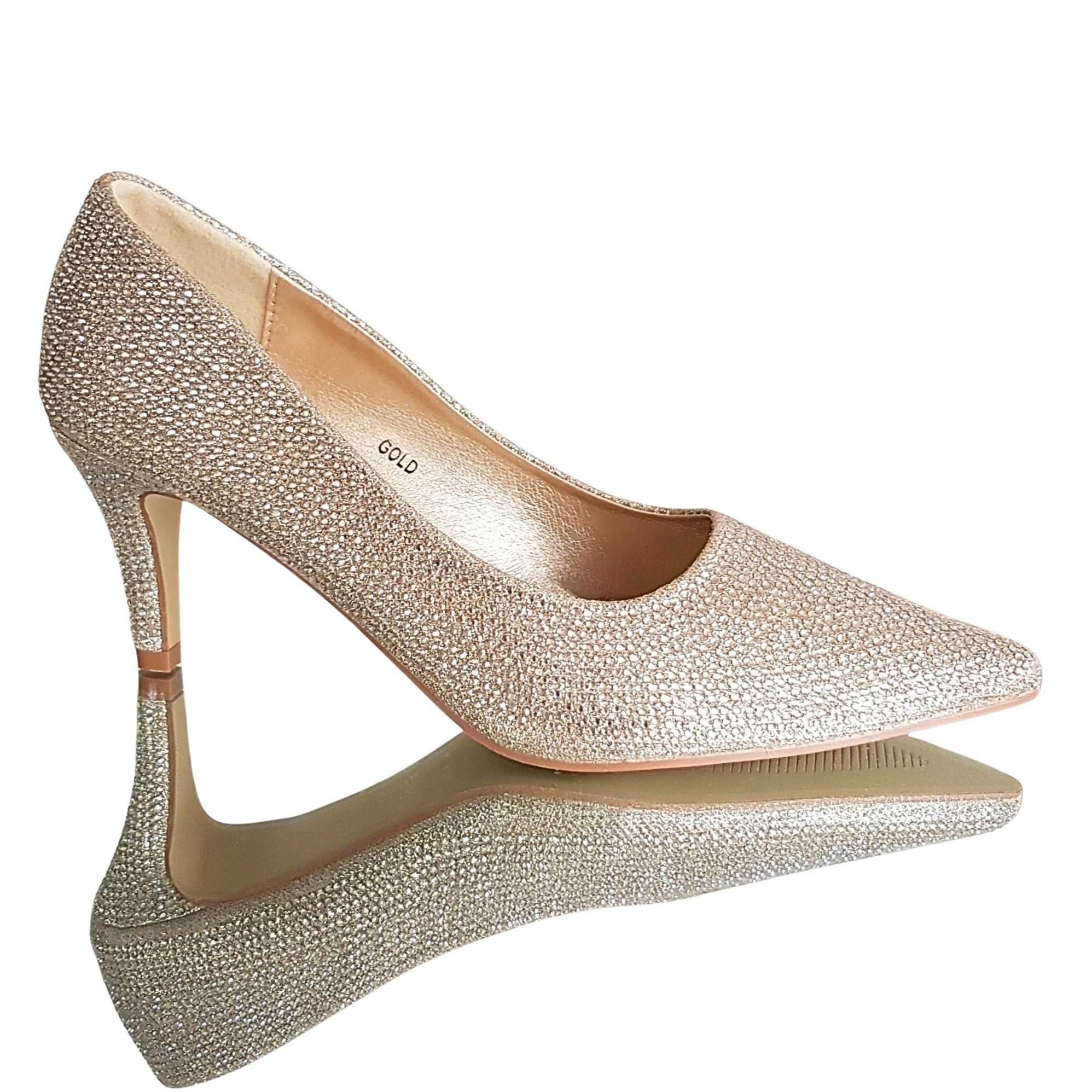 Złote Buty Czółenka Glamour Niskie 6,5 Cm Szpilki Brokat Cyrkonie 41