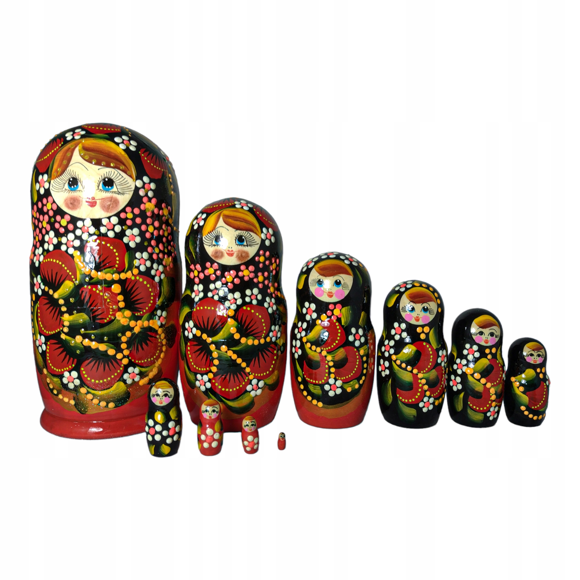 Dřevěná panenka Matrjoška Babuszka 10v1 25 cm rečně malovaná černá