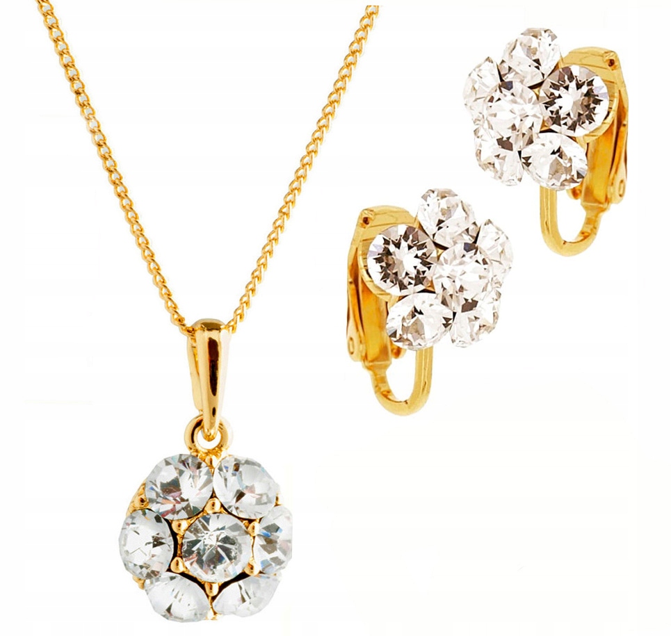 Zlatý Komplet Šperků Květina Křišťály Swarovski Sada S Klipy
