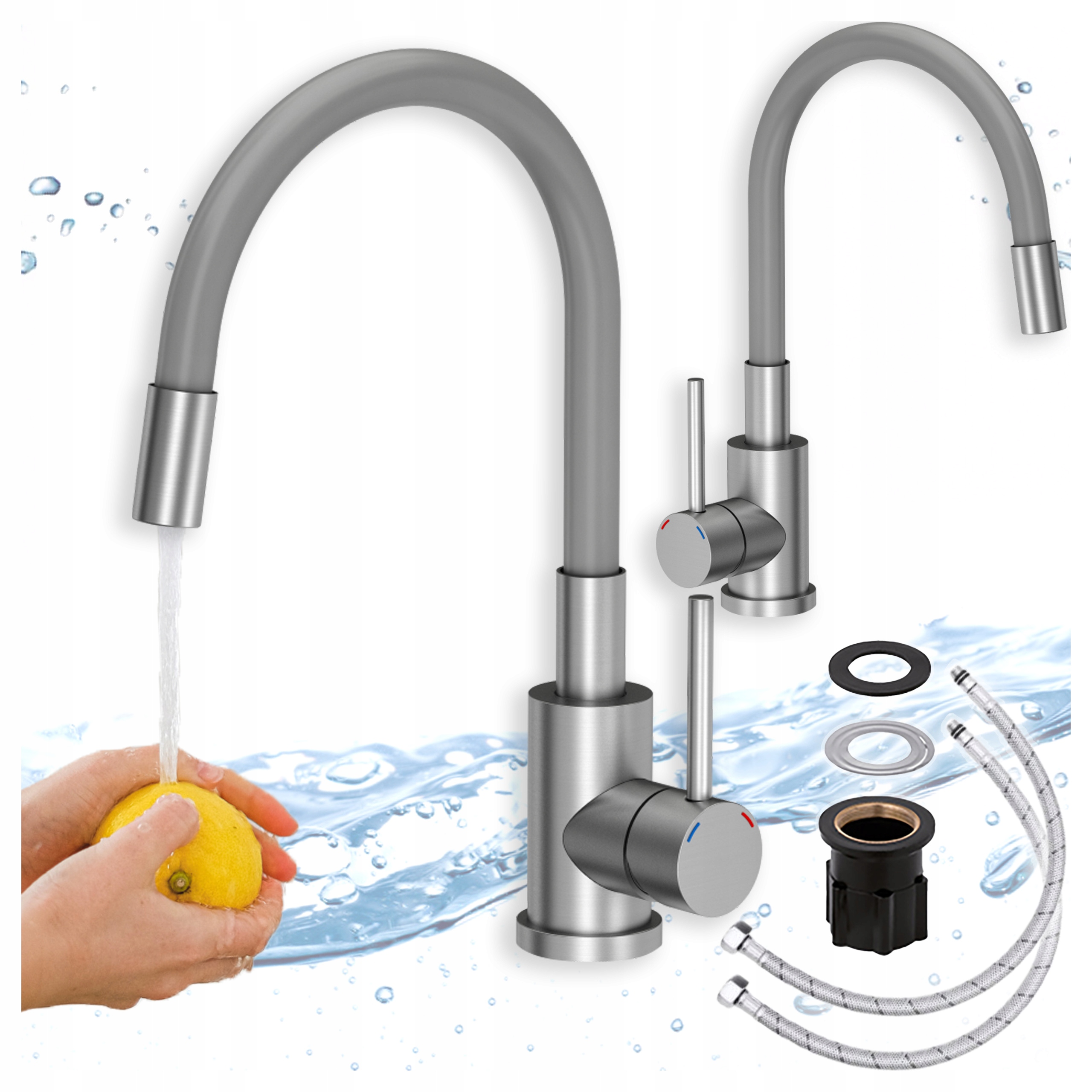 Kuchyňská Baterie Masivní Stojánková Ocel Inox Elastická Ohýbaná Výtoková Šedá