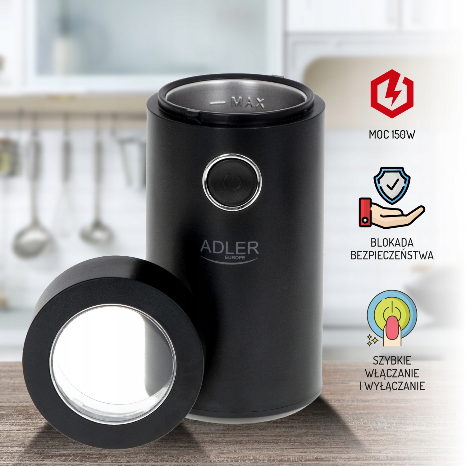 Młynek do kawy Adler AD 4446 Black Silver 150W Pojemność 75g