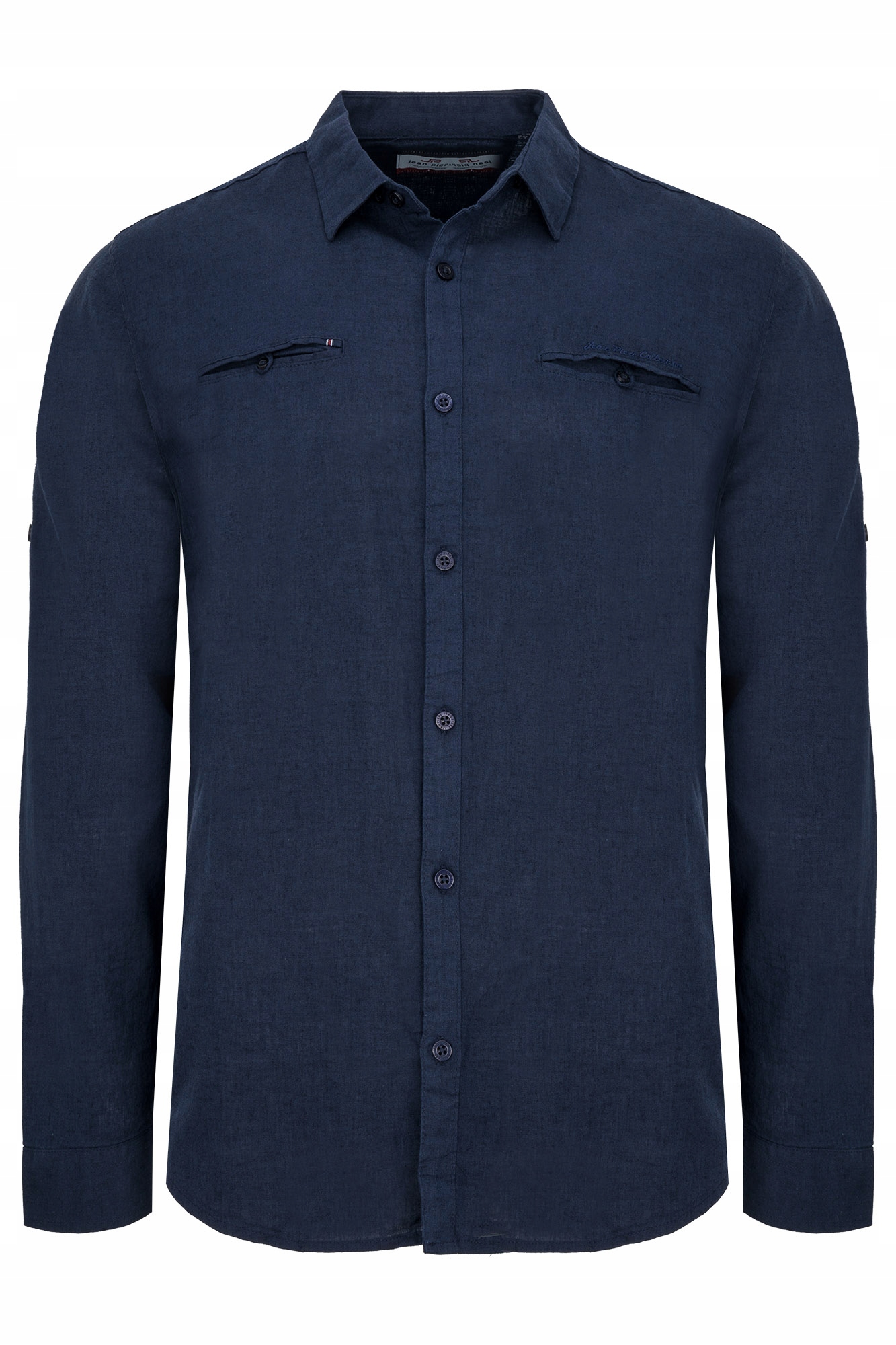 Pánská Lněná Košile S Límcem, Hladká, Tmavě Modrá, Dlouhý Rukáv, Kapsy XL