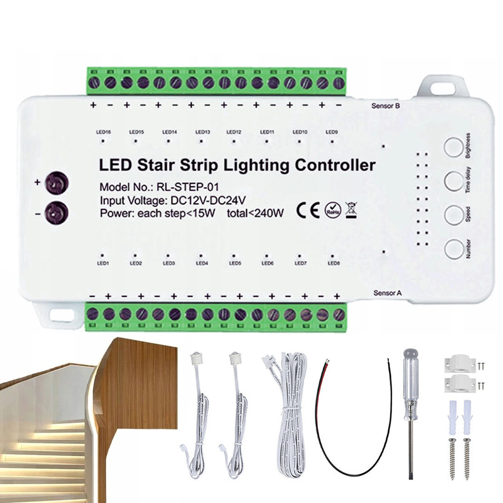 Ovladač pro schodišťové osvětlení 16 kanálů 240 W s pohybovým senzorem