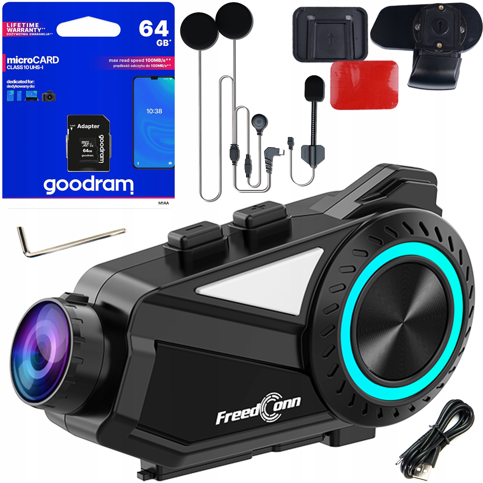 INTERKOM MOTOCYKLOWY FREEDCONN R3 NAGRYWA 2K mówi do nas po POLSKU + 64GB