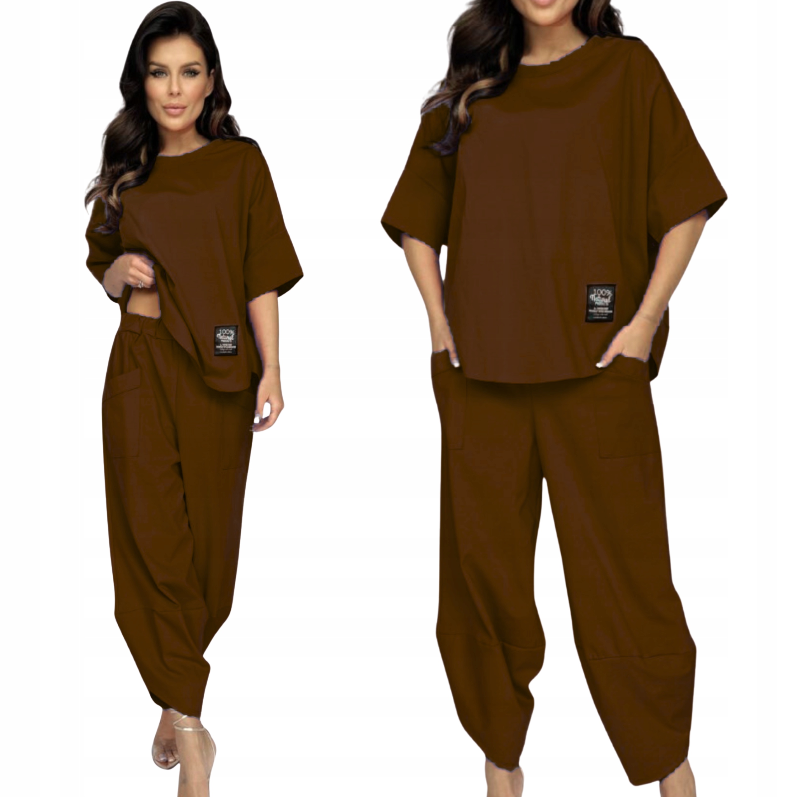 Komplet Damski Dres Bluzka Bluza Spodnie Oversize Luźny Bawełna Brąz 2890