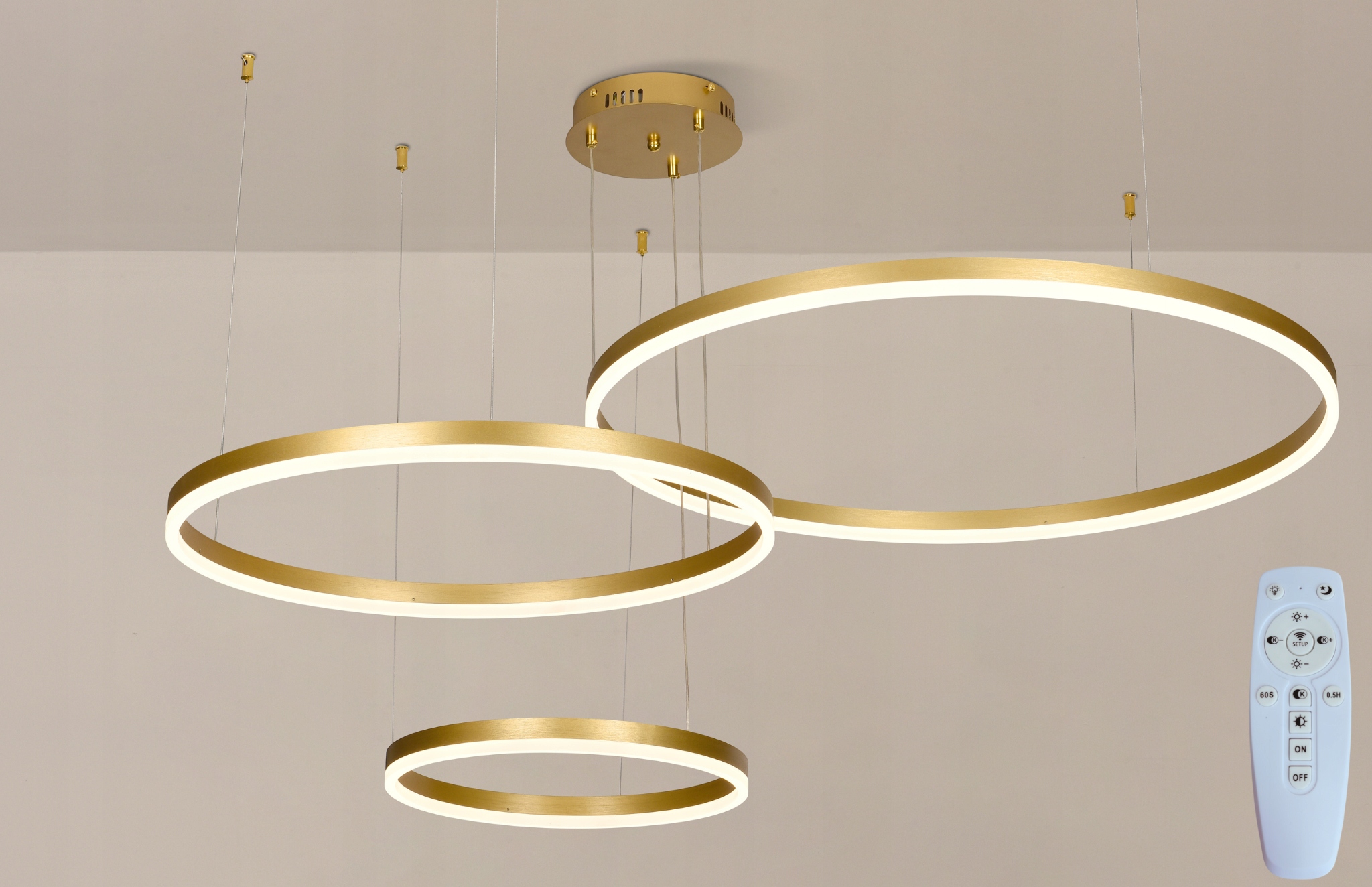 Stropná lampa 40/60/80 cm závesná 3 krúžky zlatá Led Diaľkový Ovládač do obývacej izby veľká