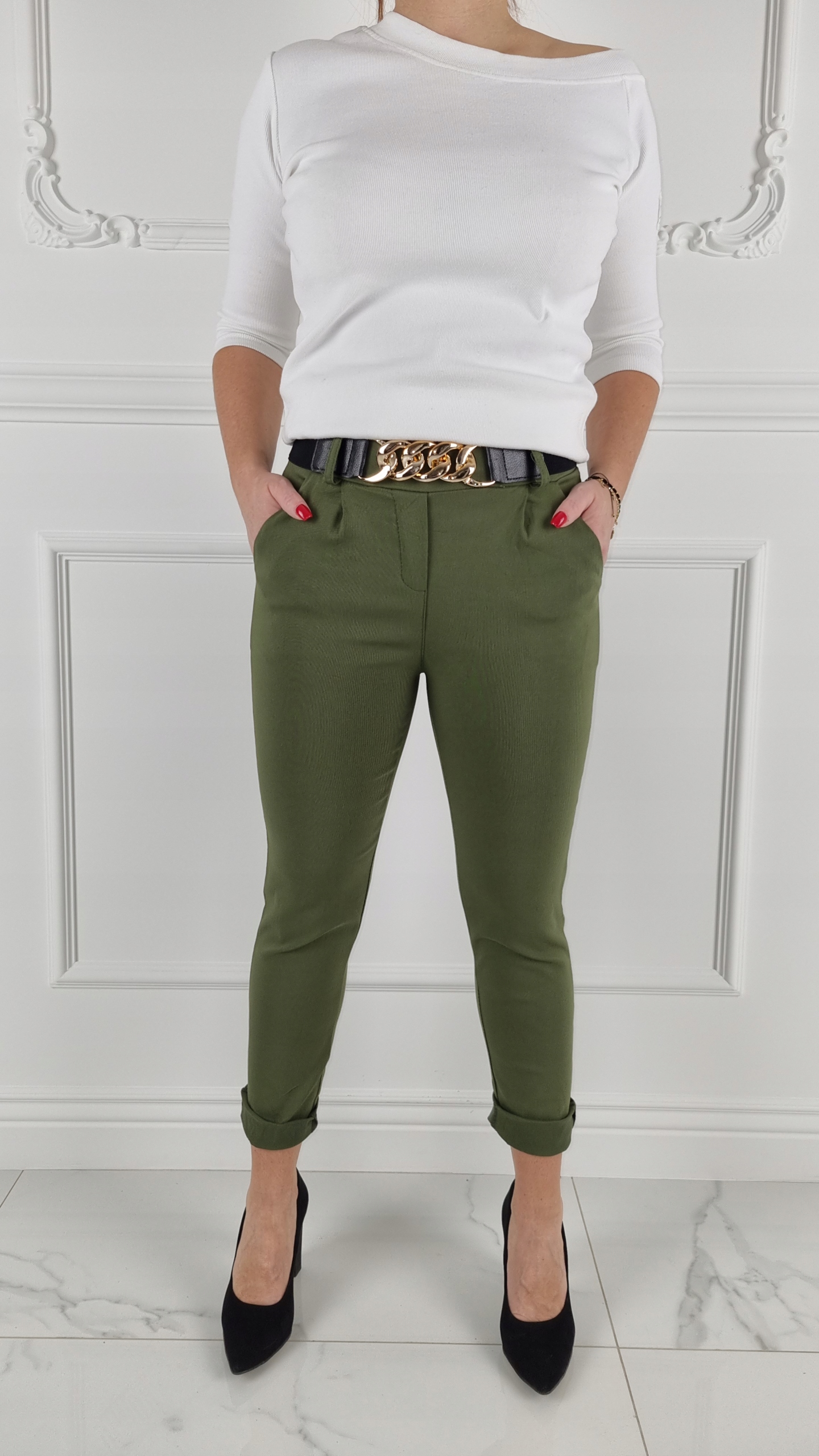 #ELASTYCZNE - SPODNIE - DAMSKIE - W GUMKĘ - PASEK# Odcień khaki