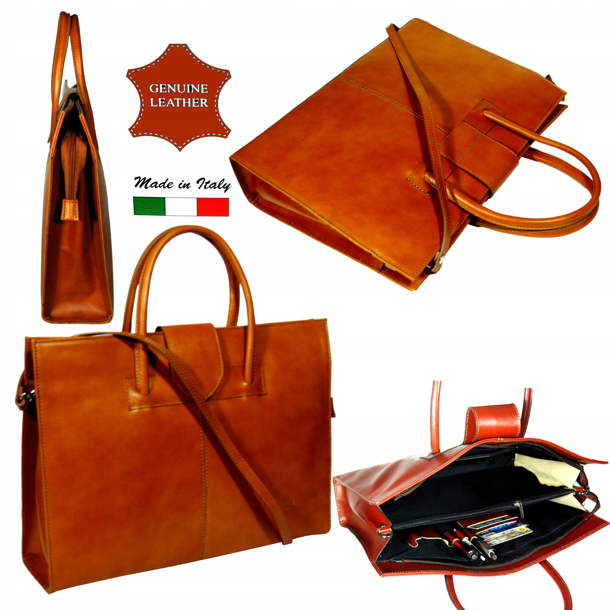 Kožená kabelka italská aktovka s přihrádkou na notebook hnědá A4 dámská