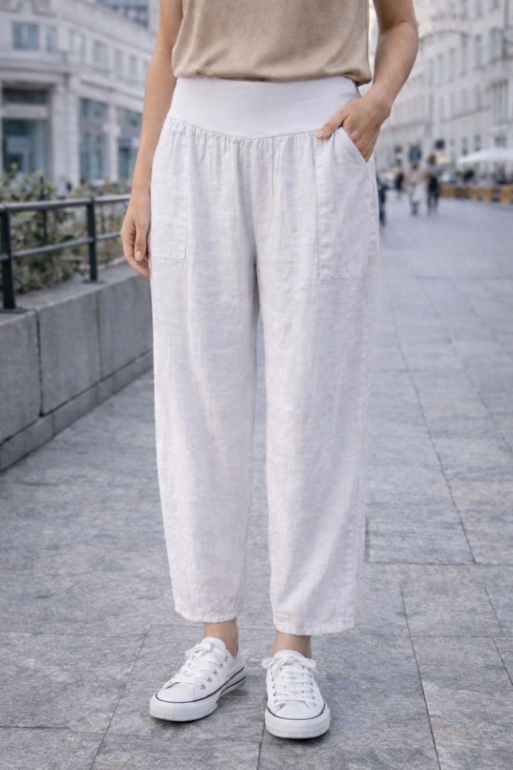 Dámské kalhoty bílé 100% len casual Italy volné Uni