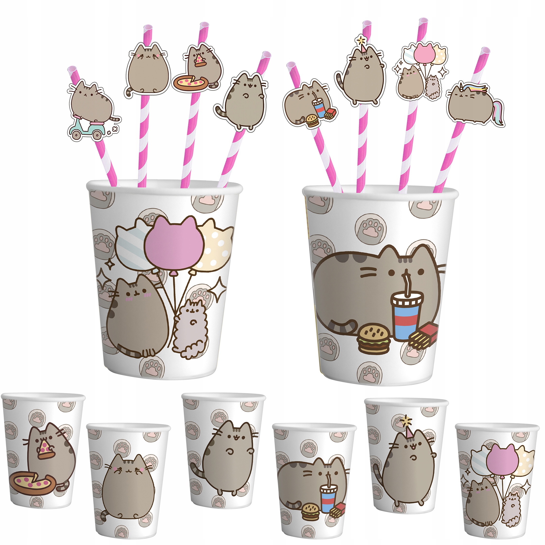 ZESTAW KUBKI + SŁOMKI URODZINOWE - SŁODKI KOTEK KOTKI