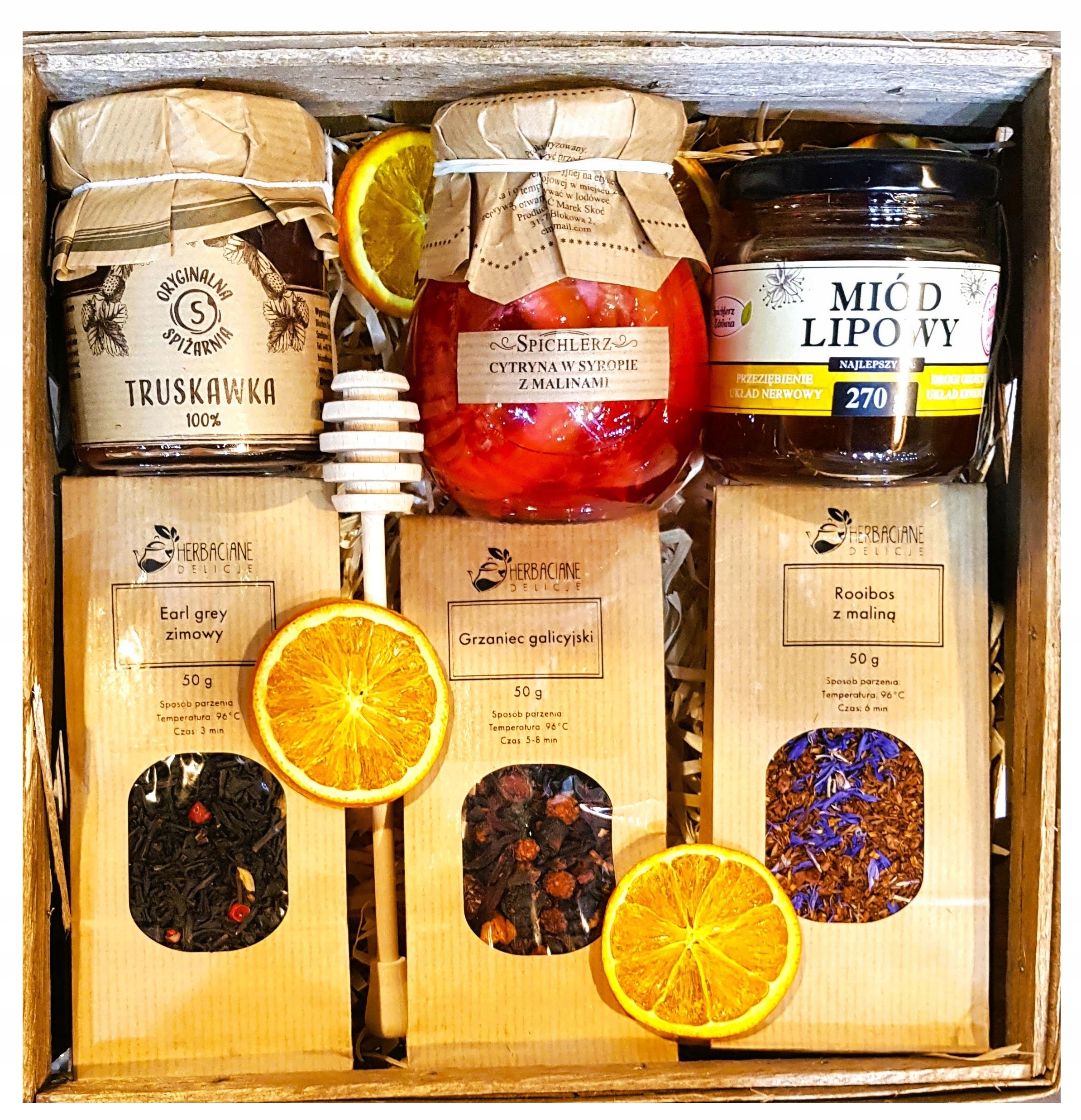 Levně Dárkový Koš Dárek Dárkové Balení Čaje Med Citron Malina Zavařenina