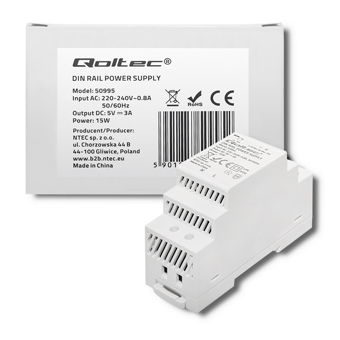 Qoltec Przemysłowy zasilacz na szynę DIN 15W 5V 3A