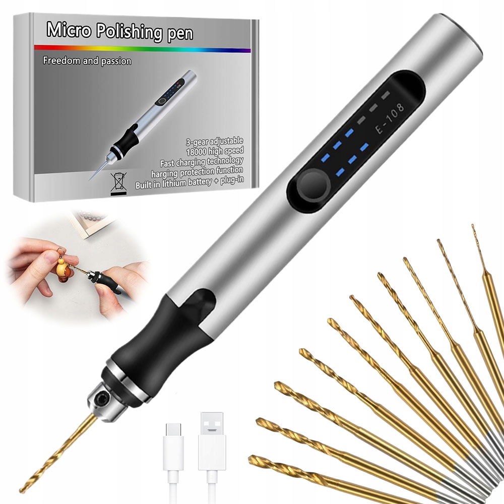 Mini Elektrická Bruska Vrtačka 3.7V 3-RYCHLOSTNÍ 10 Vrtáků Sada