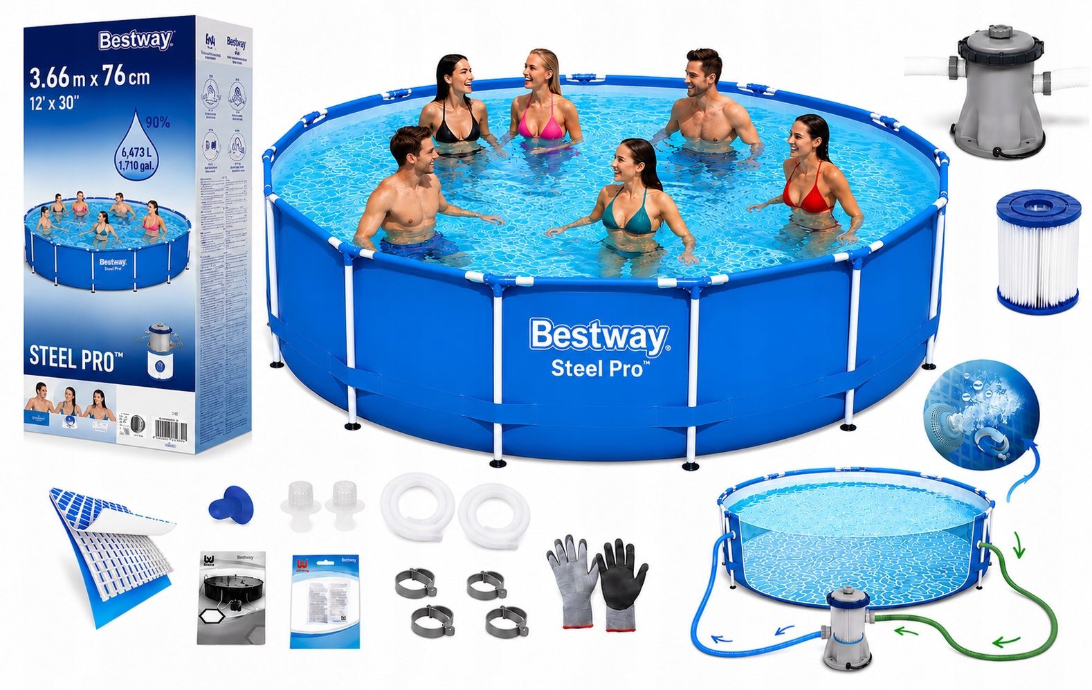 Basen Ogrodowy Stelażowy 366x76cm Bestway Stelażu Zestaw Pompa Filtr 17w1
