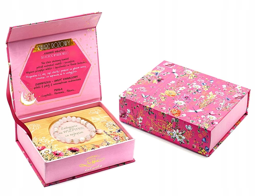 Bransoletka kukartka Kwarc Różowy pudełko z bambusową tacą BRC-01