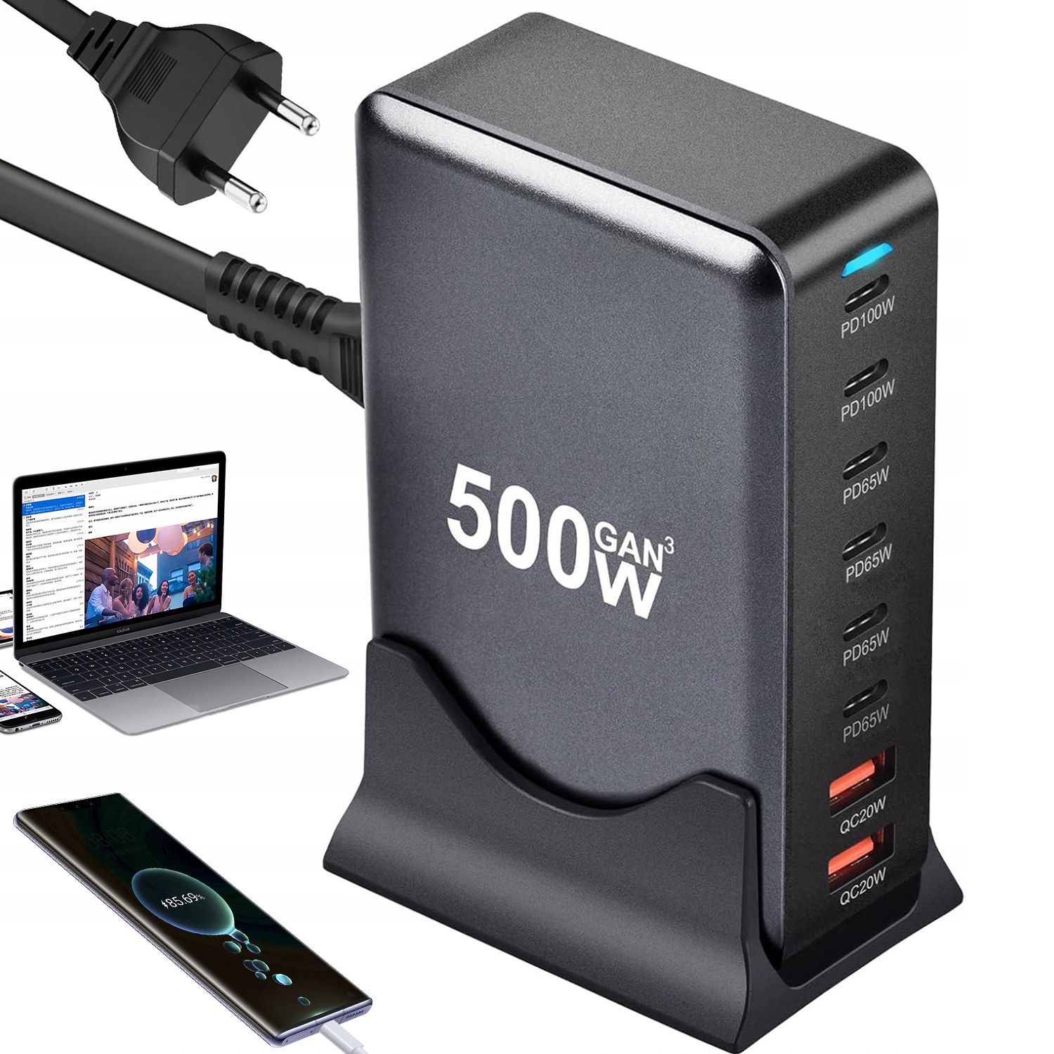 Szybka Ładowarka Wielofunkcyjna 8w1 GaN 500W Pd 6x Usb C 2xQC do telefonu