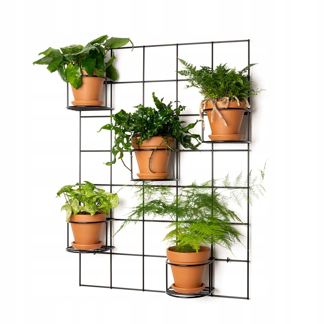Držák Na Květináč Hedera 2 – mřížka a 5 loftových košíků, zelená stěna, barva černá