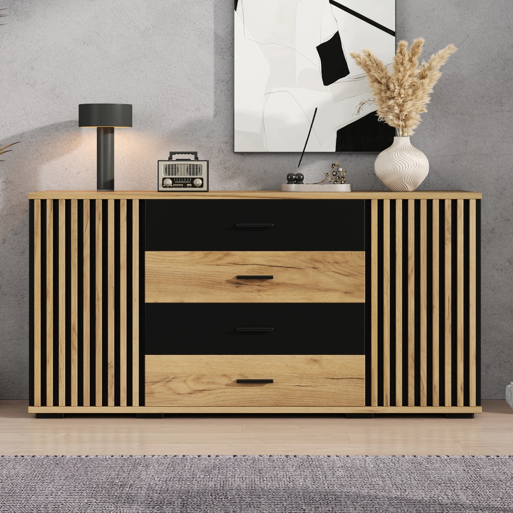 Příborník 140x35x70 cm 4 zásuvky 2 dveře nastavitelné police dub černý