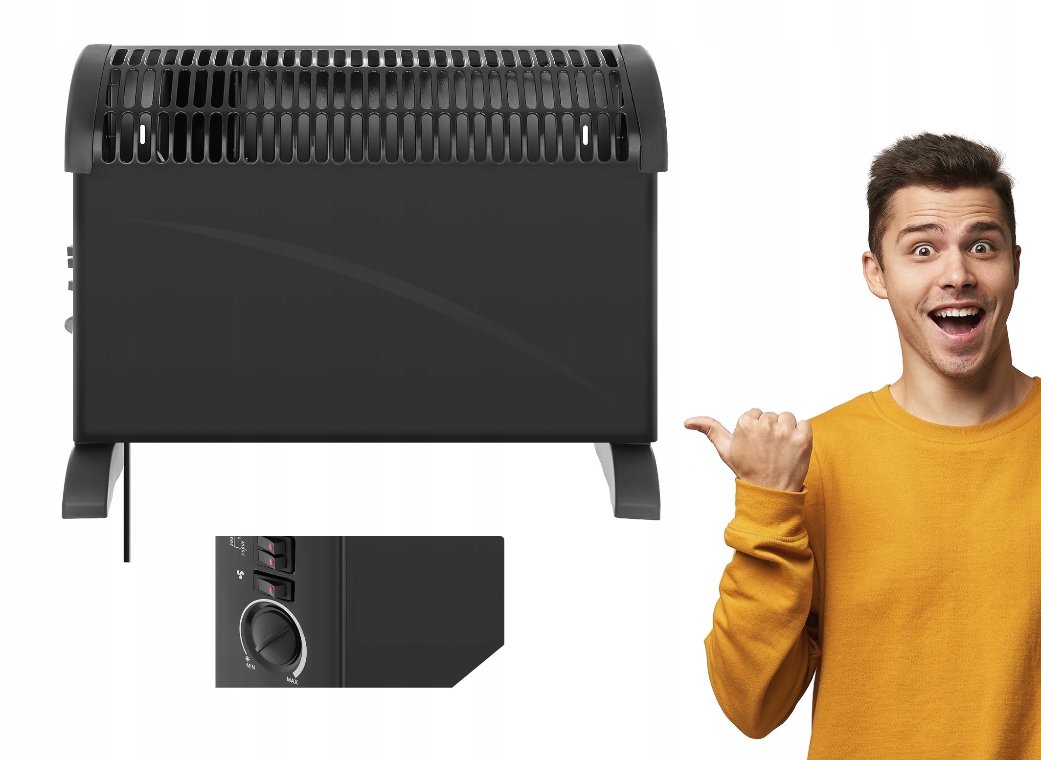 GRZEJNIK ELEKTRYCZNY KONWEKTOROWY TERMOSTAT 3 TRYBY 750W 1250W 2000W NAWIEW Szerokość 400 mm