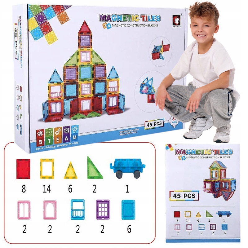 DUŻE KLOCKI MAGNETYCZNE KONSTRUKCYJNE 3D PANELE MAGNETIC TILES 45 elem. Bohater Inny