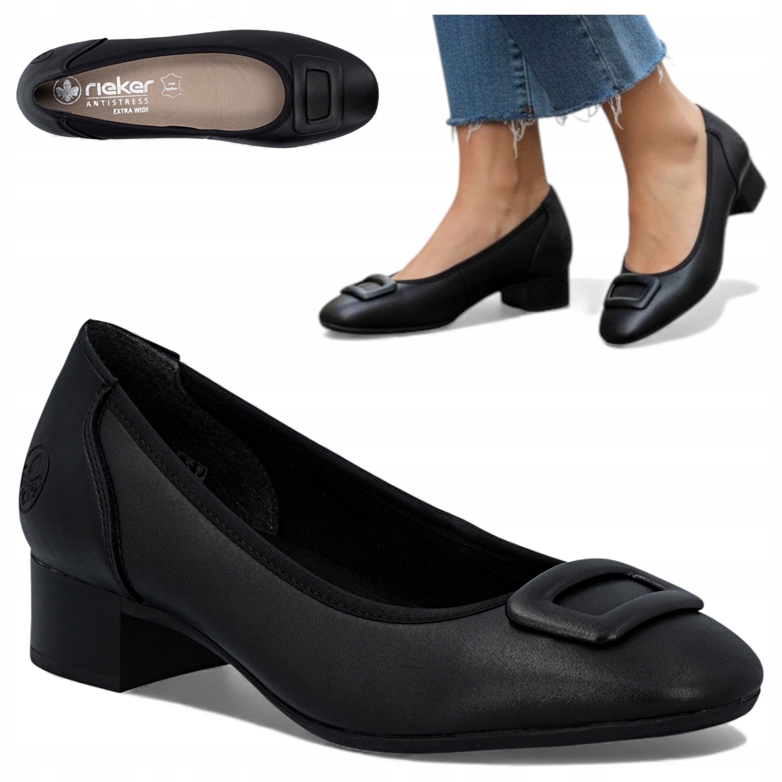 Dámské kožené lodičky 40 Rieker Černé Elegantní Pohodlné Nízké Podpatky