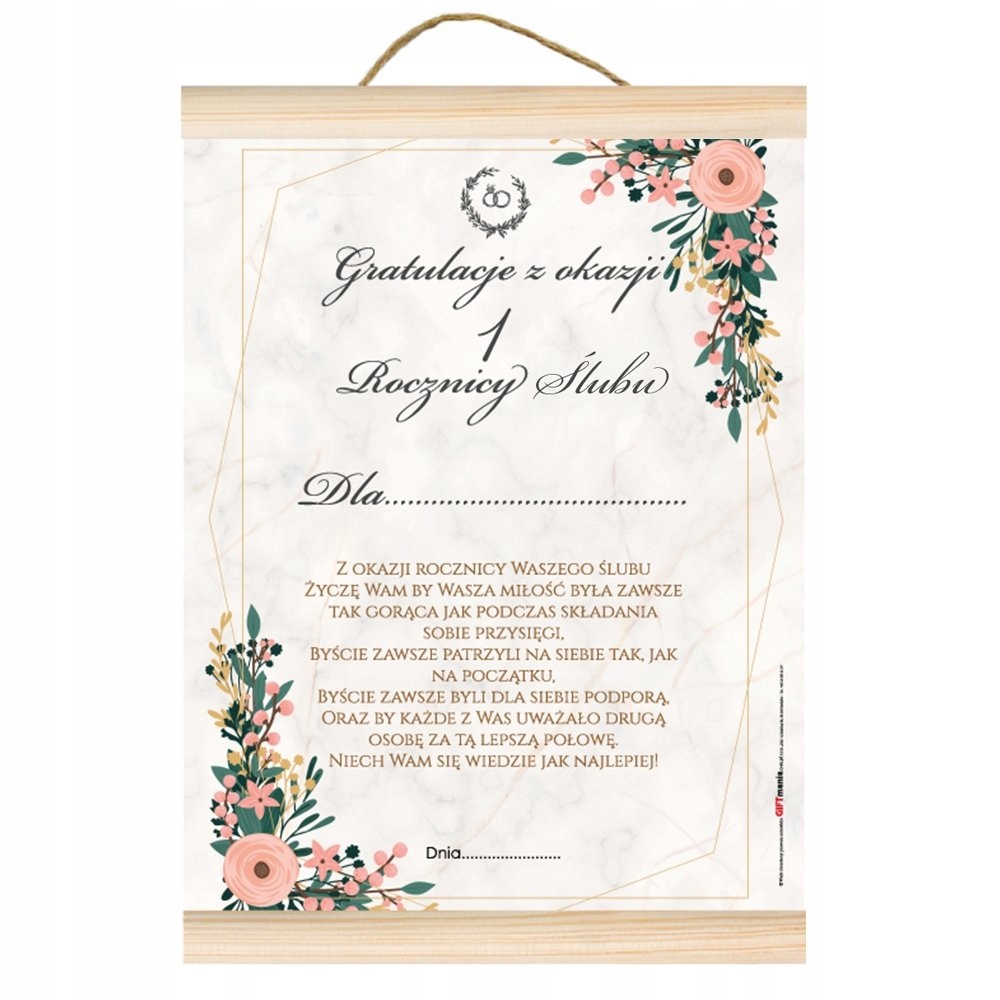 

Dyplom Kartka Pamiątka na 1 Rocznicę Ślubu