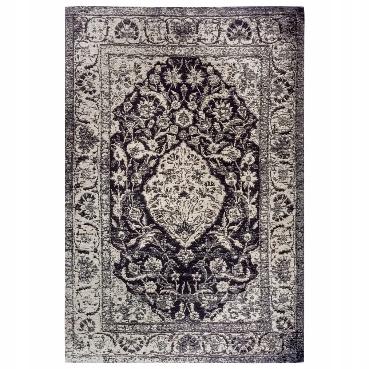 Koberec do obývacího pokoje 200x285 cm, šenilový vzor, klasický, černý, plochý, tkaný