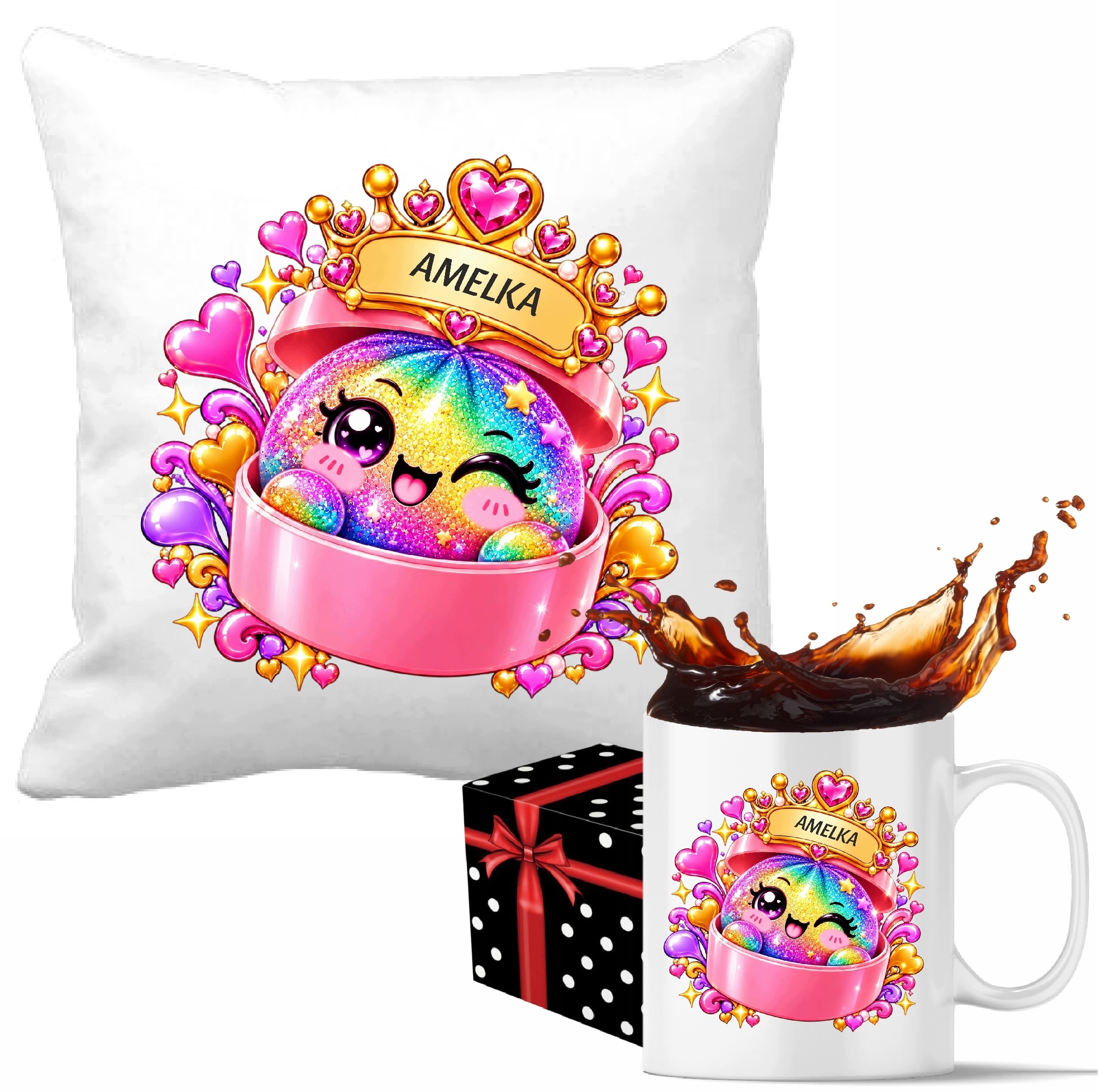 Tęczowy Gniotek brokatowy squishy Zestaw personalizowany kubek i poduszka