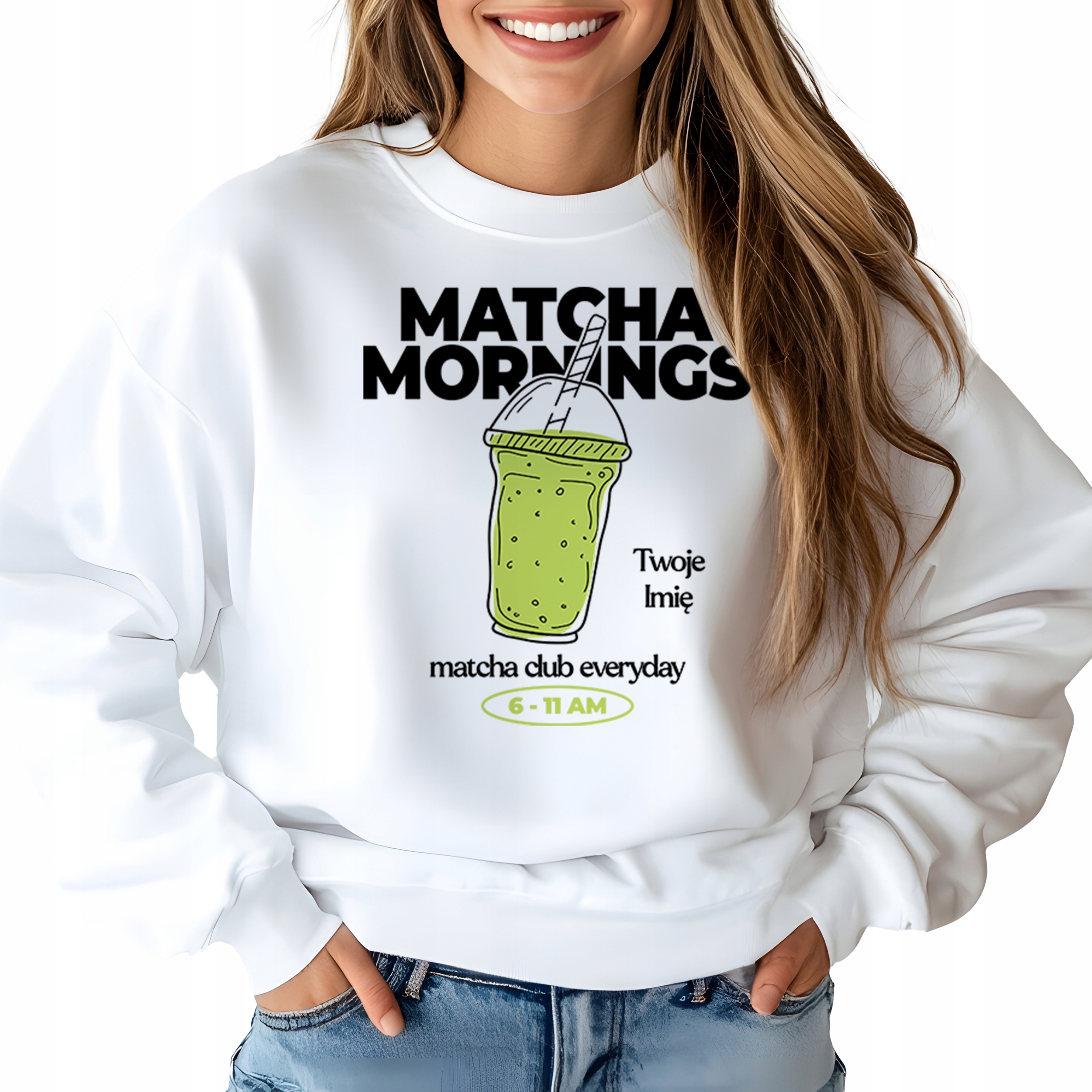Mikina Bílá pro milovnici zeleného čaje Matcha Mornings Jméno M
