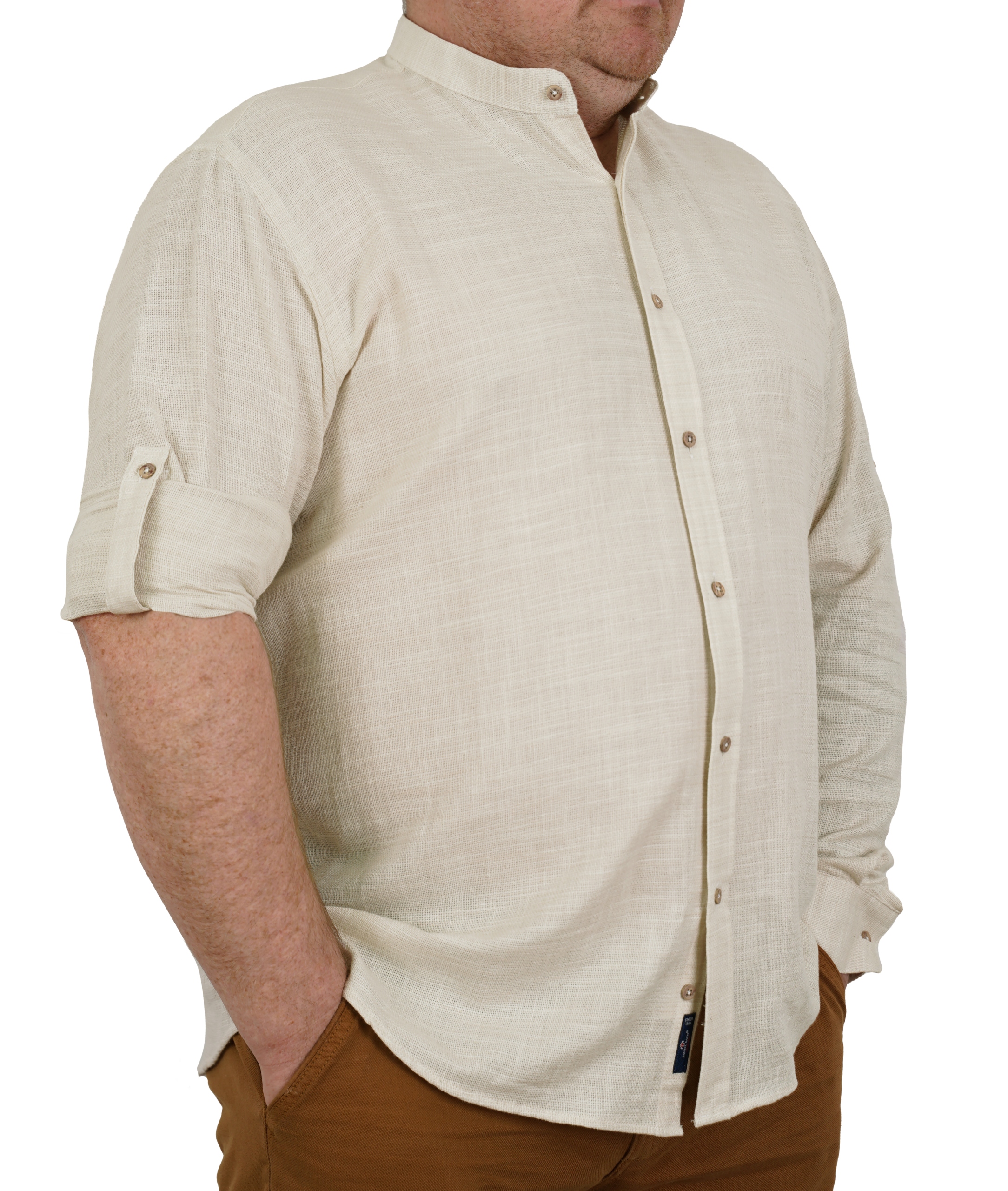Koszula Męska Beżowa Bawełnian Ze Stójką A'la Lniana Casual Długi Rękaw 5XL