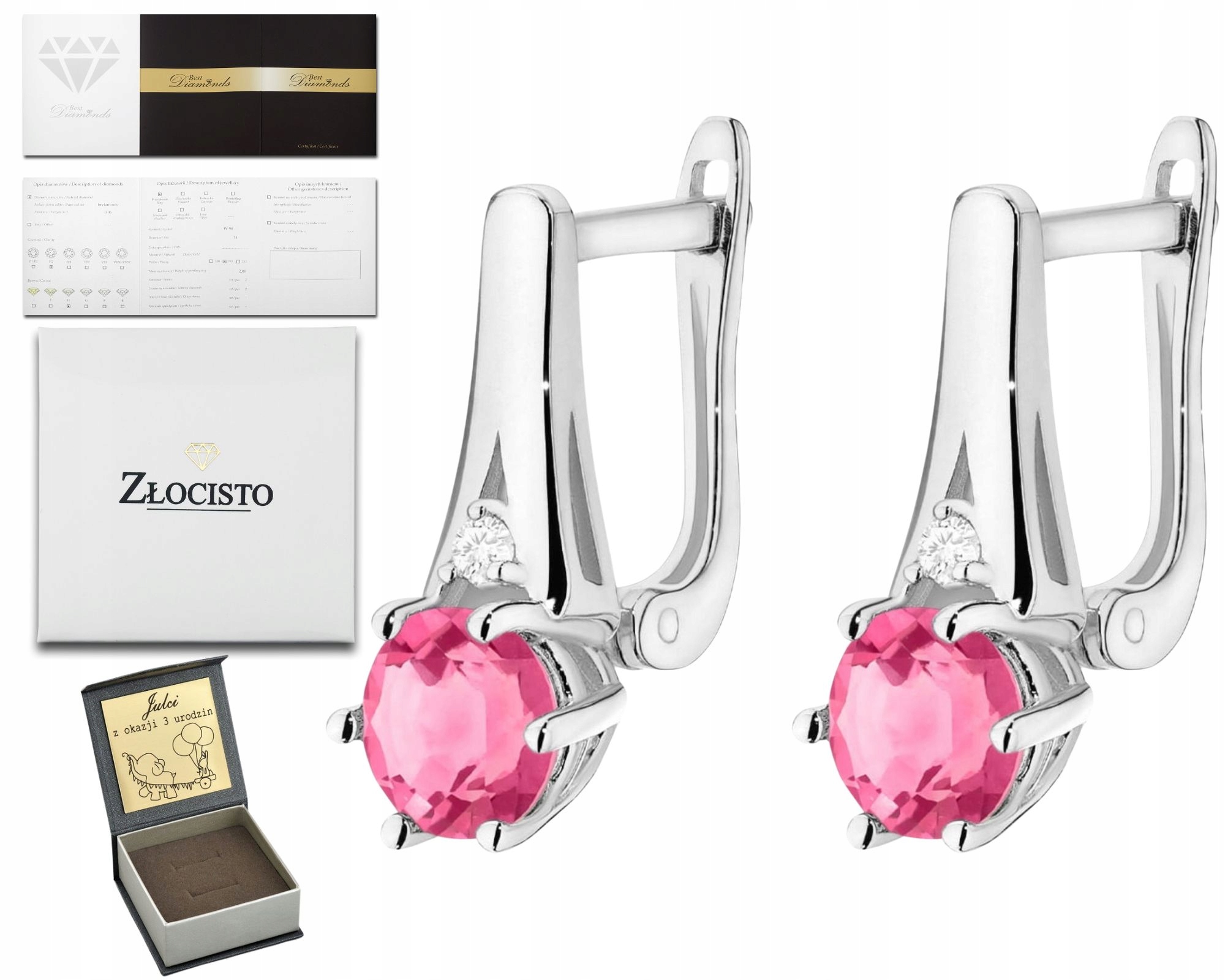 Bílé Zlato Náušnice S Růžovým Topazem A Diamanty Zlato 585 14K Dárek