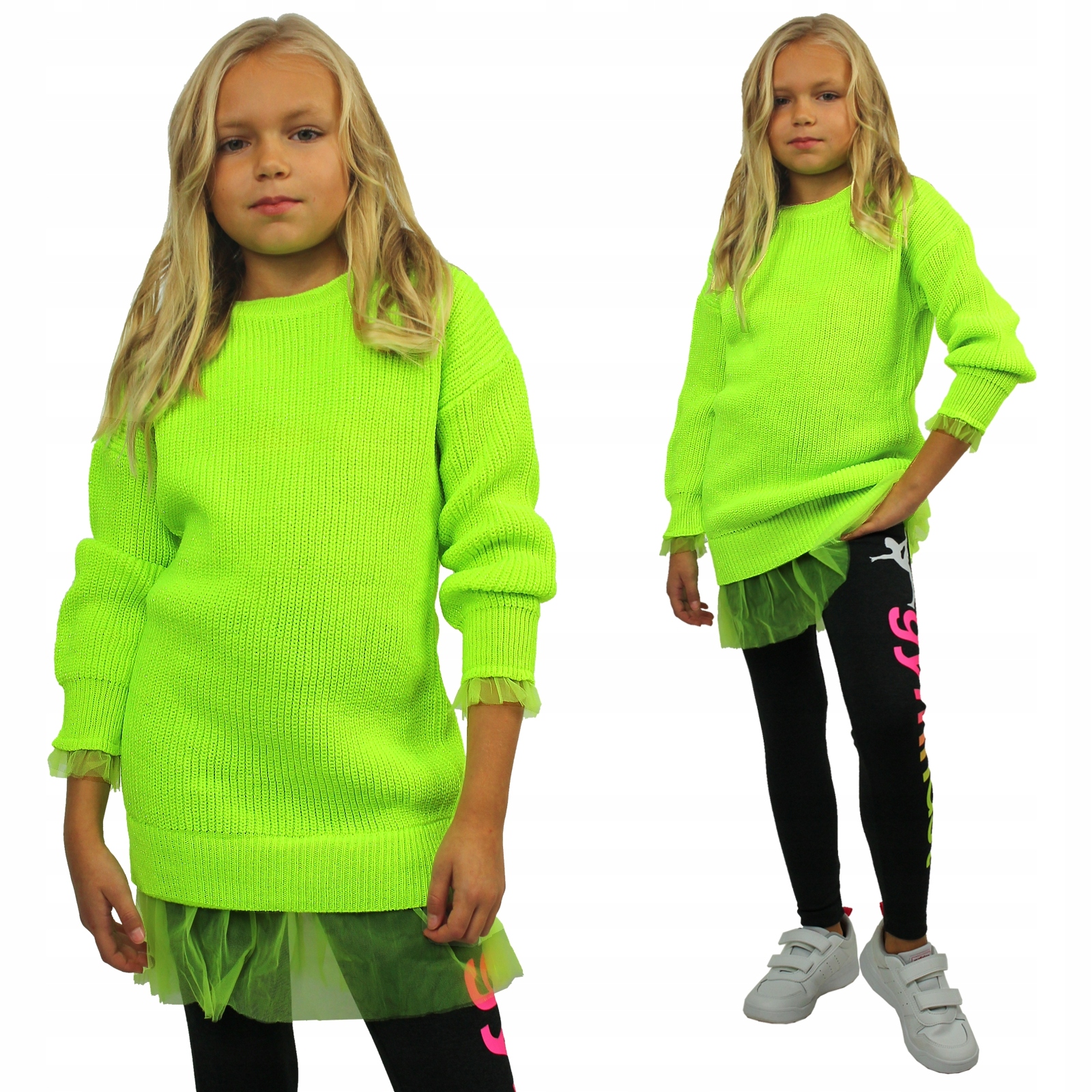 

Sweterek Tunika Neonowy Tiulowe Falbanki Żółty 122