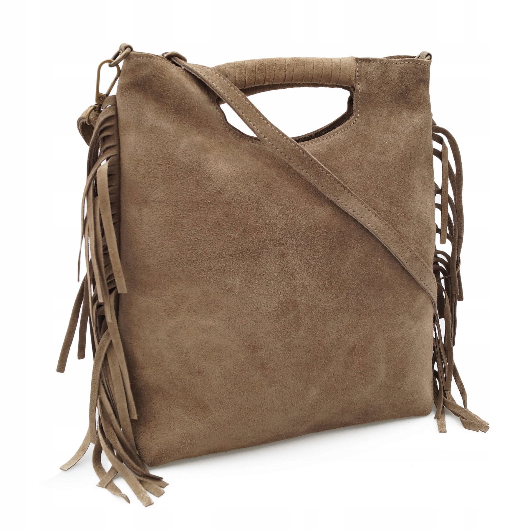 Vera Pelle torebka damska zamszowa listonoszka boho z frędzlami Taupe