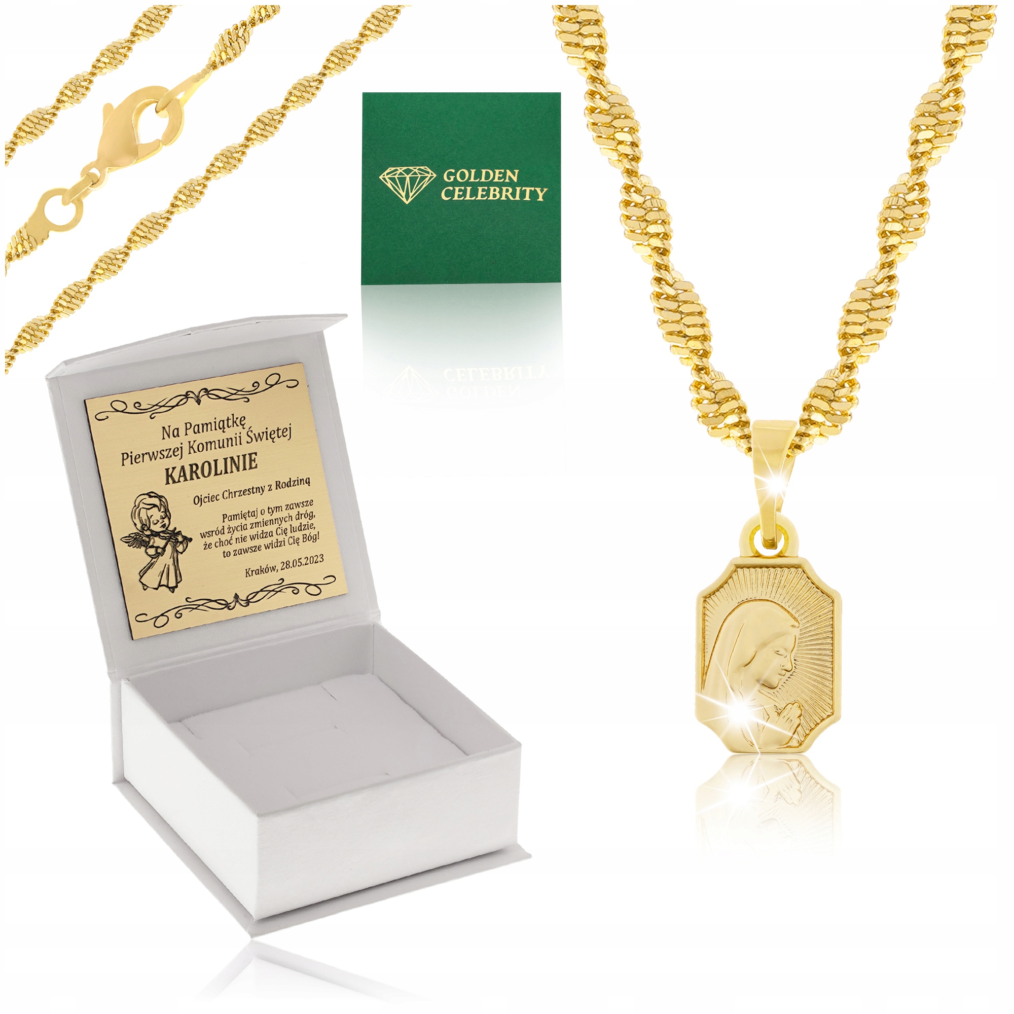 

Piękny Złoty Łańcuszek Medalik Matka Boska Grawer