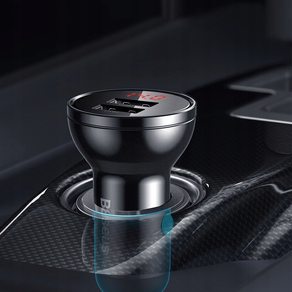 SZYBKA ŁADOWARKA SAMOCHODOWA BASEUS 2xUSB 4.8A LCD Kolor czarny