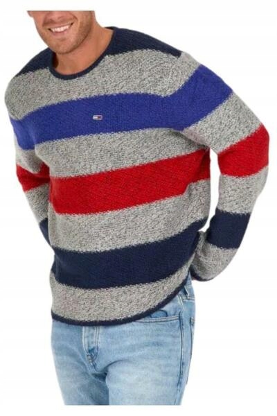 Tommy Jeans szary sweter męski w paski, Rozmiar M