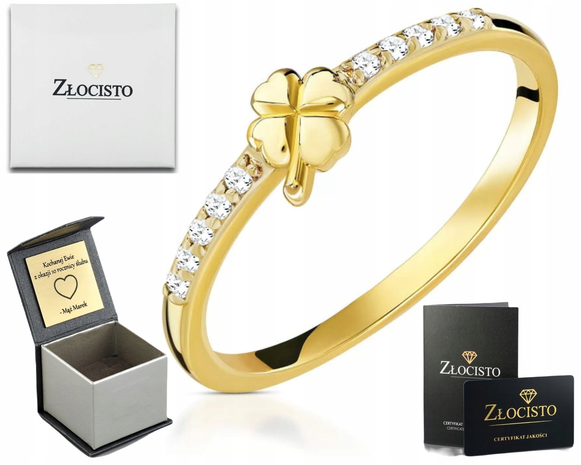 Zlatý Prstýnek S Lesklým Čtyřlístek A Zirkony Gravírování Dárek Pro Ni